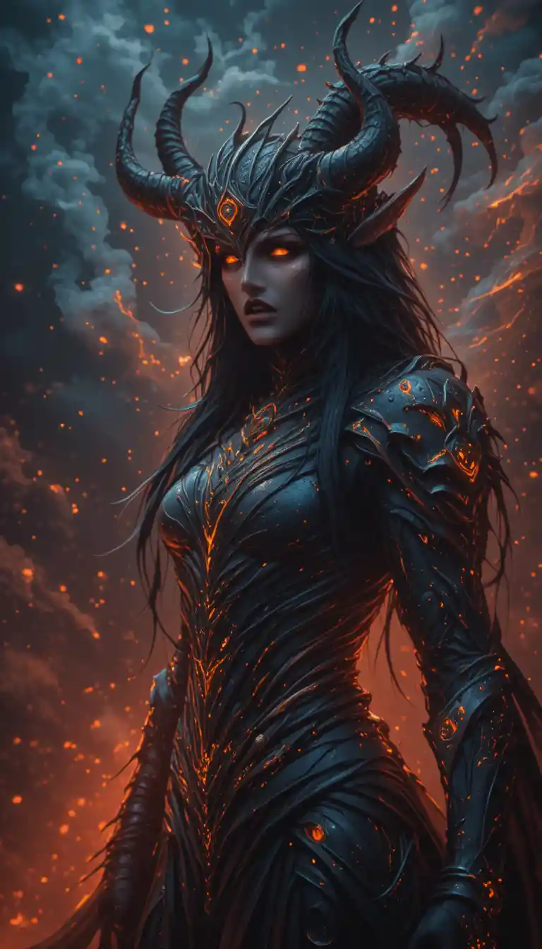 Dark horned demon queen in spiked black armor