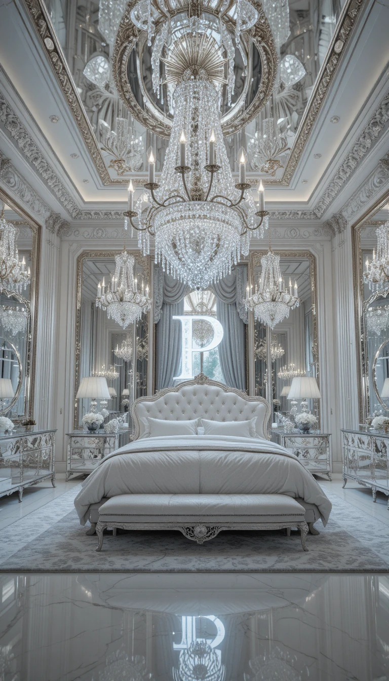 Luxurious crystal bedroom with mirrored walls and chandeliers