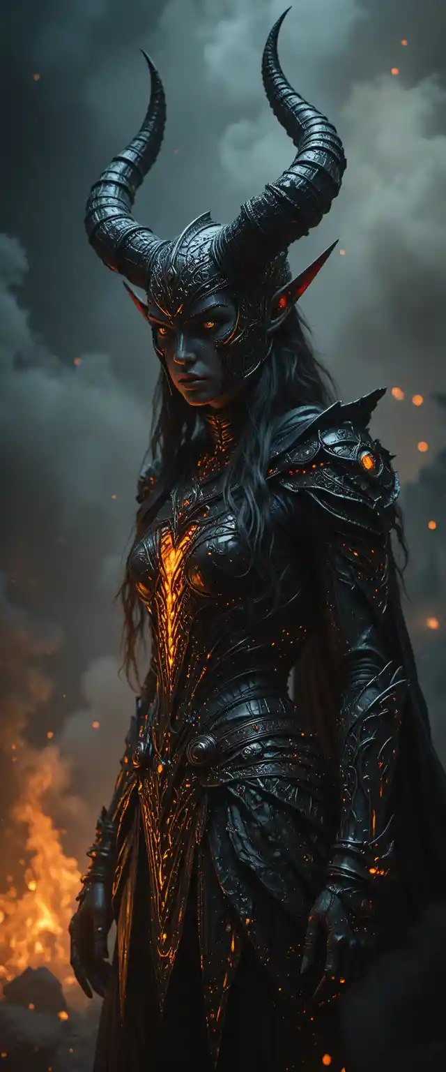 Dark horned demon queen in spiked armor with lava cracks