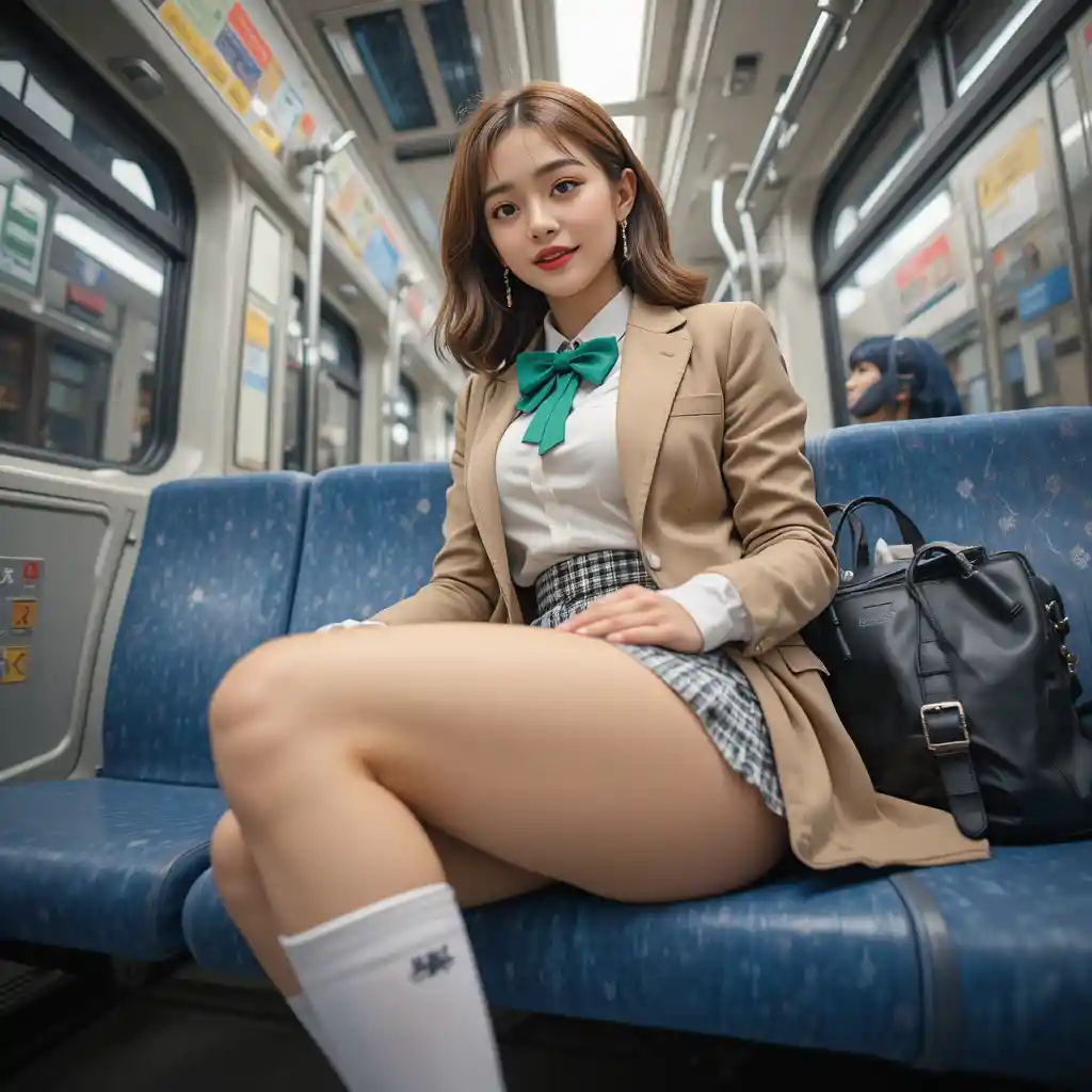Japanese schoolgirl sitting on a train seat in uniform