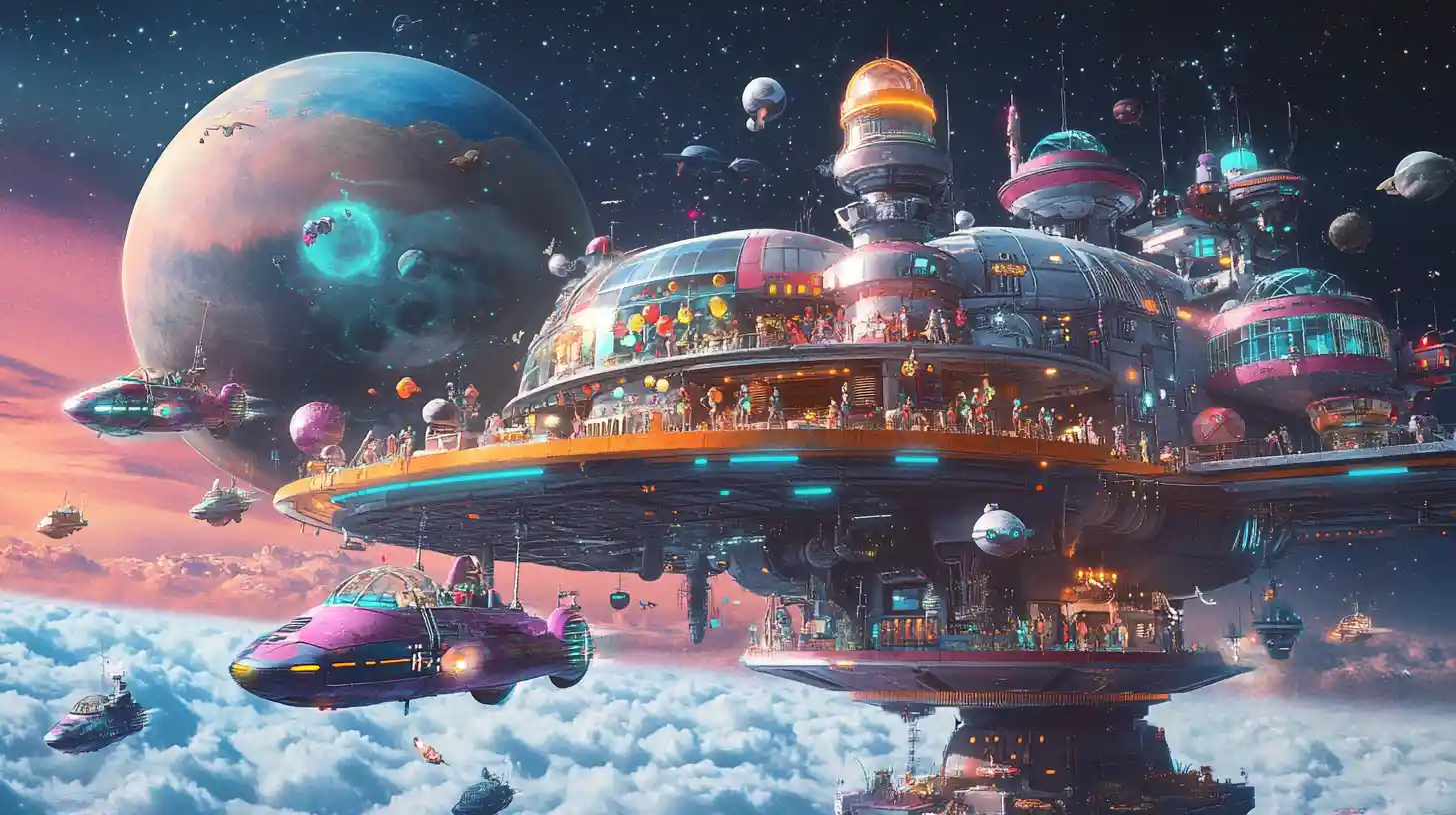 Busy retro space cafe on an orbital platform