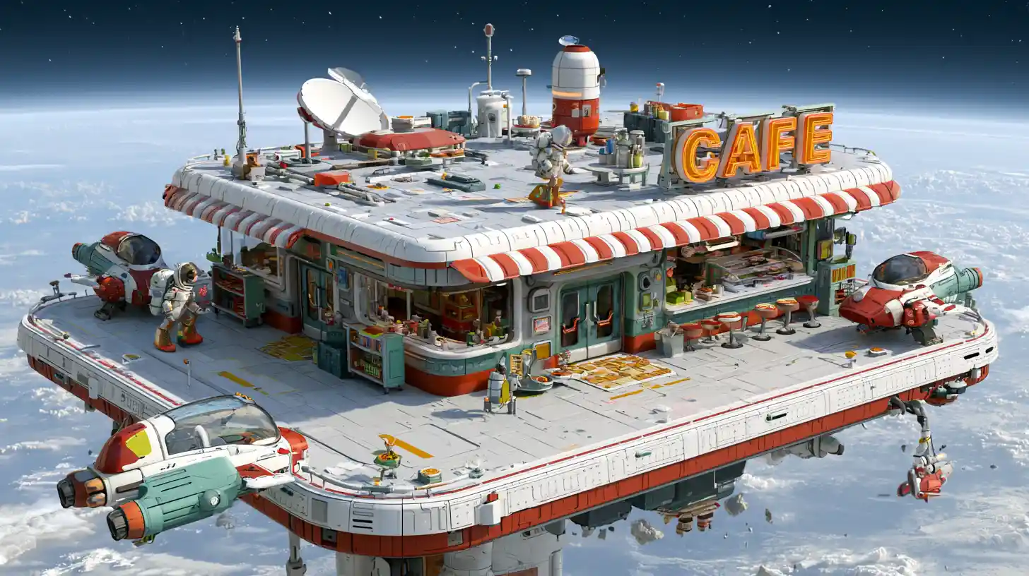 Vivace caffè spaziale retrò su una piattaforma orbitale