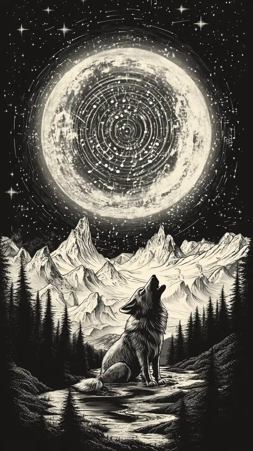 Wolf Howling Beneath A Surreal Musical Moon