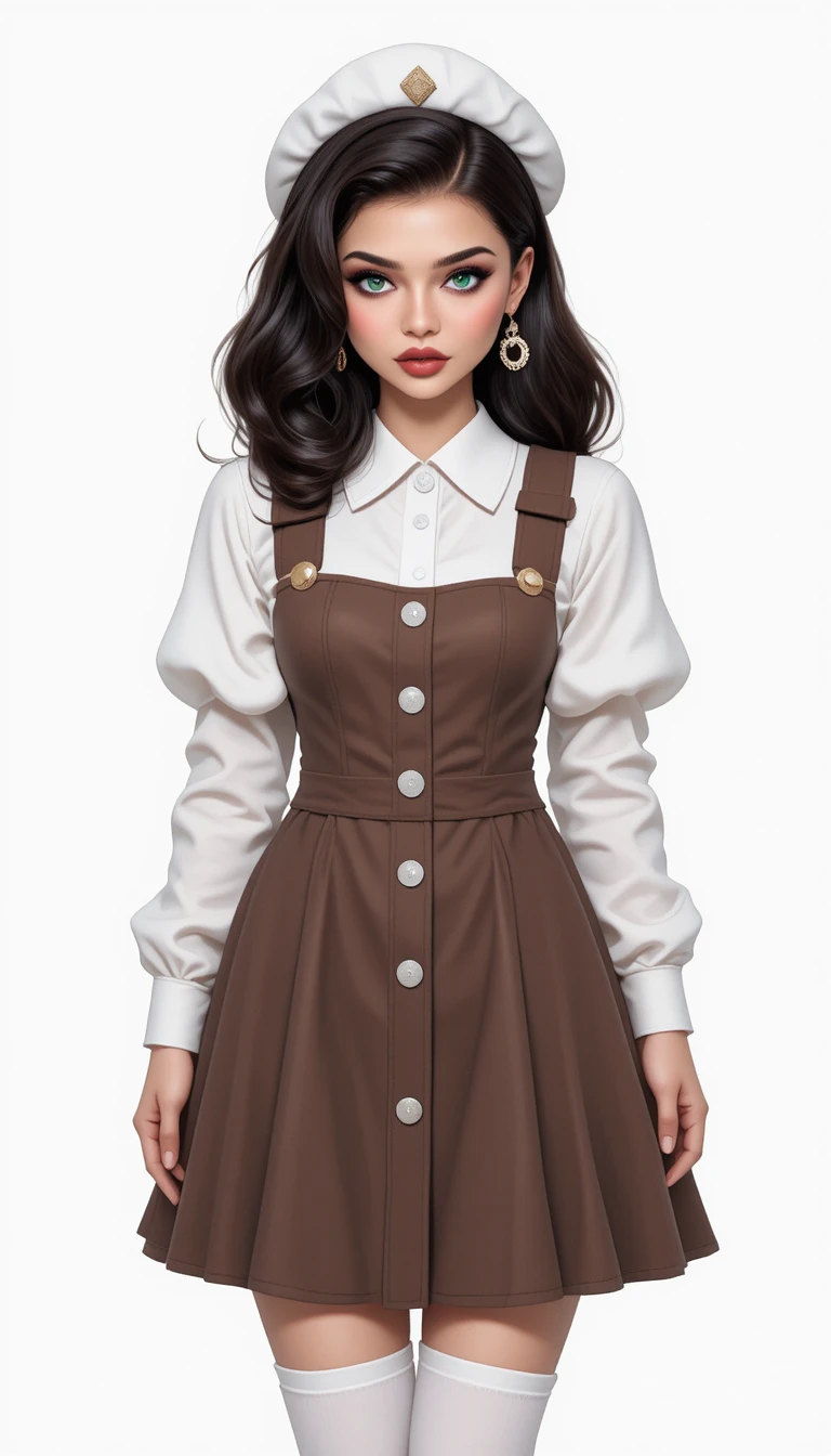 Anime girl in beret and pinafore full body studio portrait