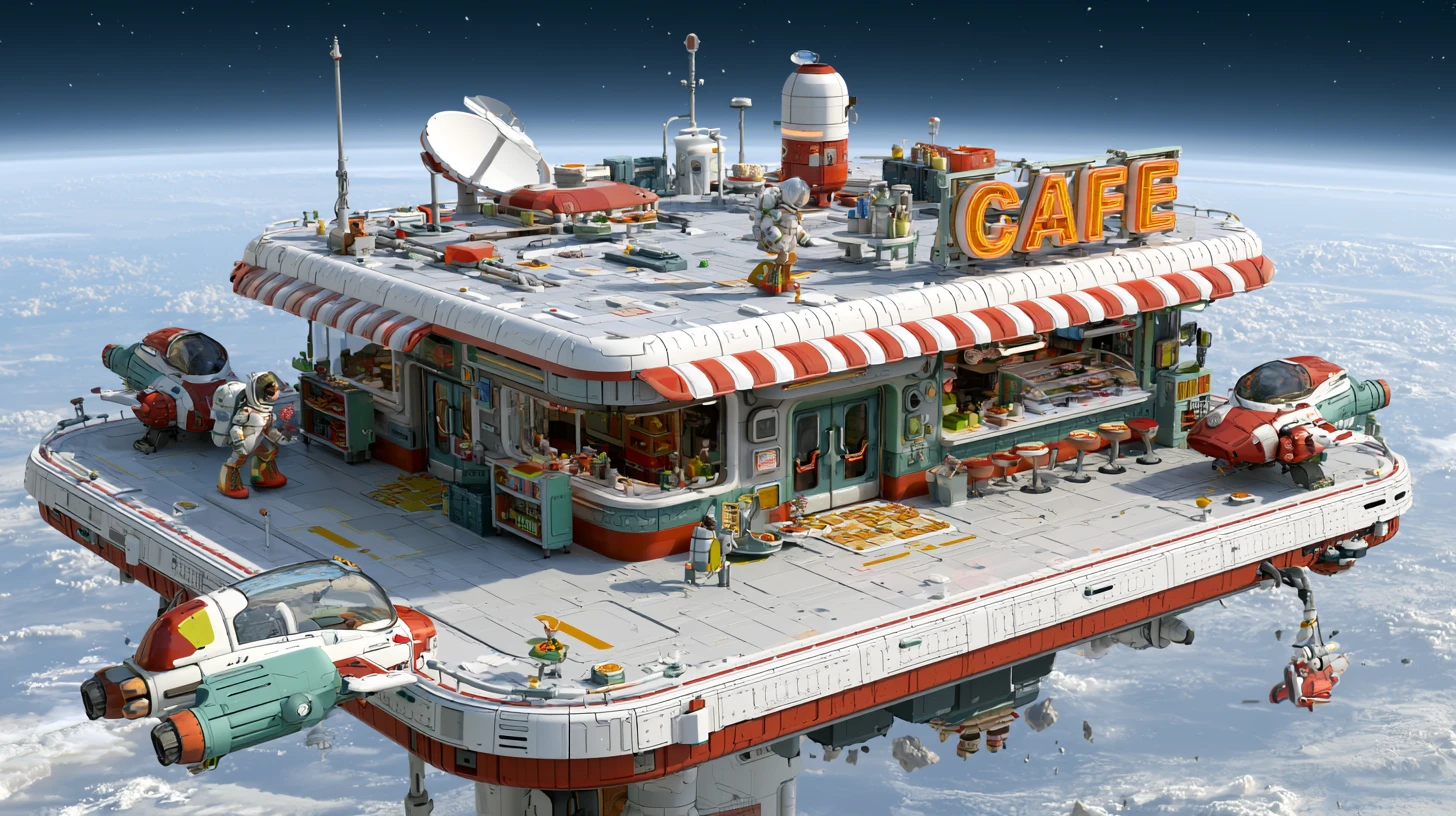 Busy retro space cafe on an orbital platform