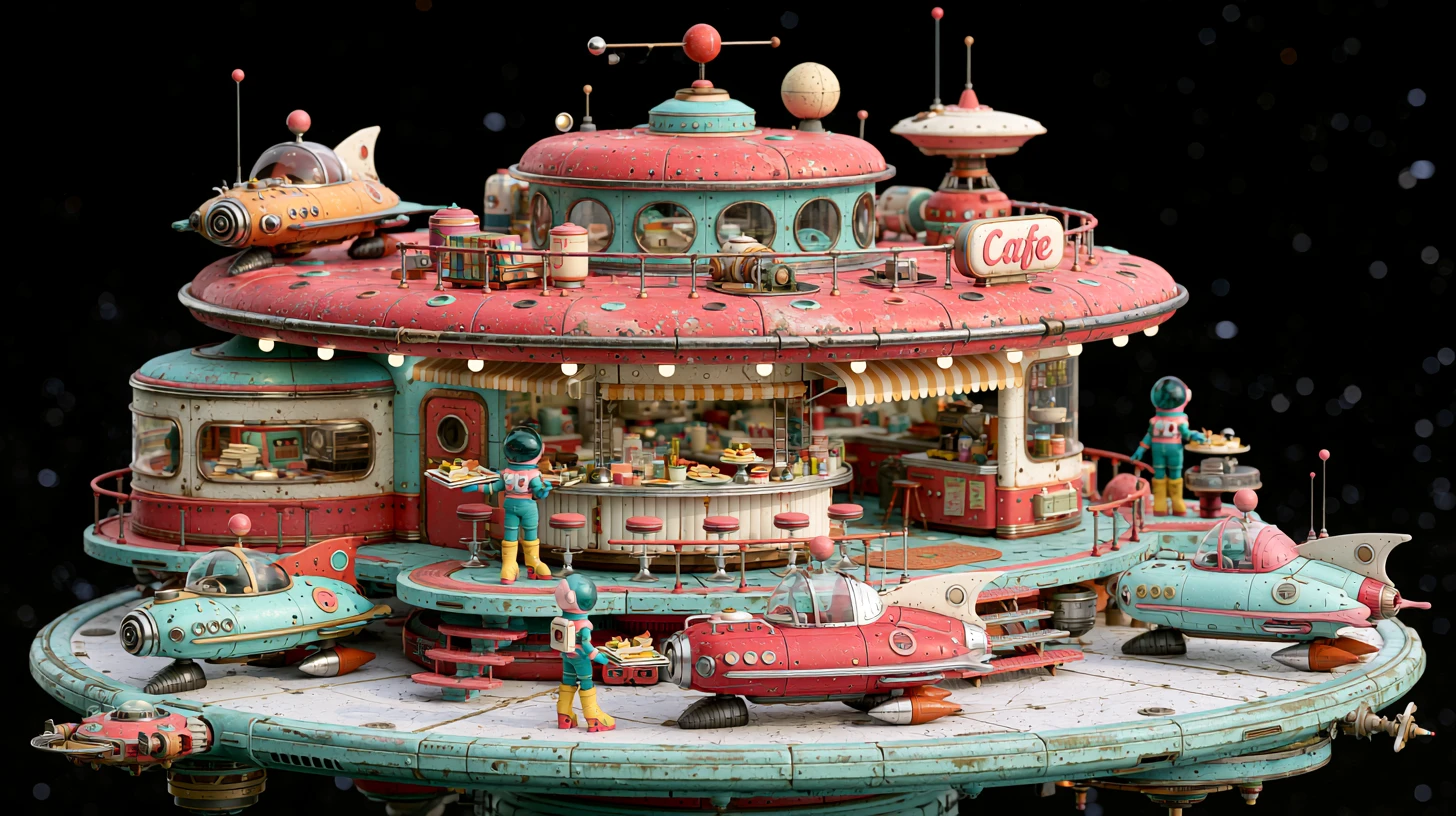Busy retro space cafe on an orbital platform