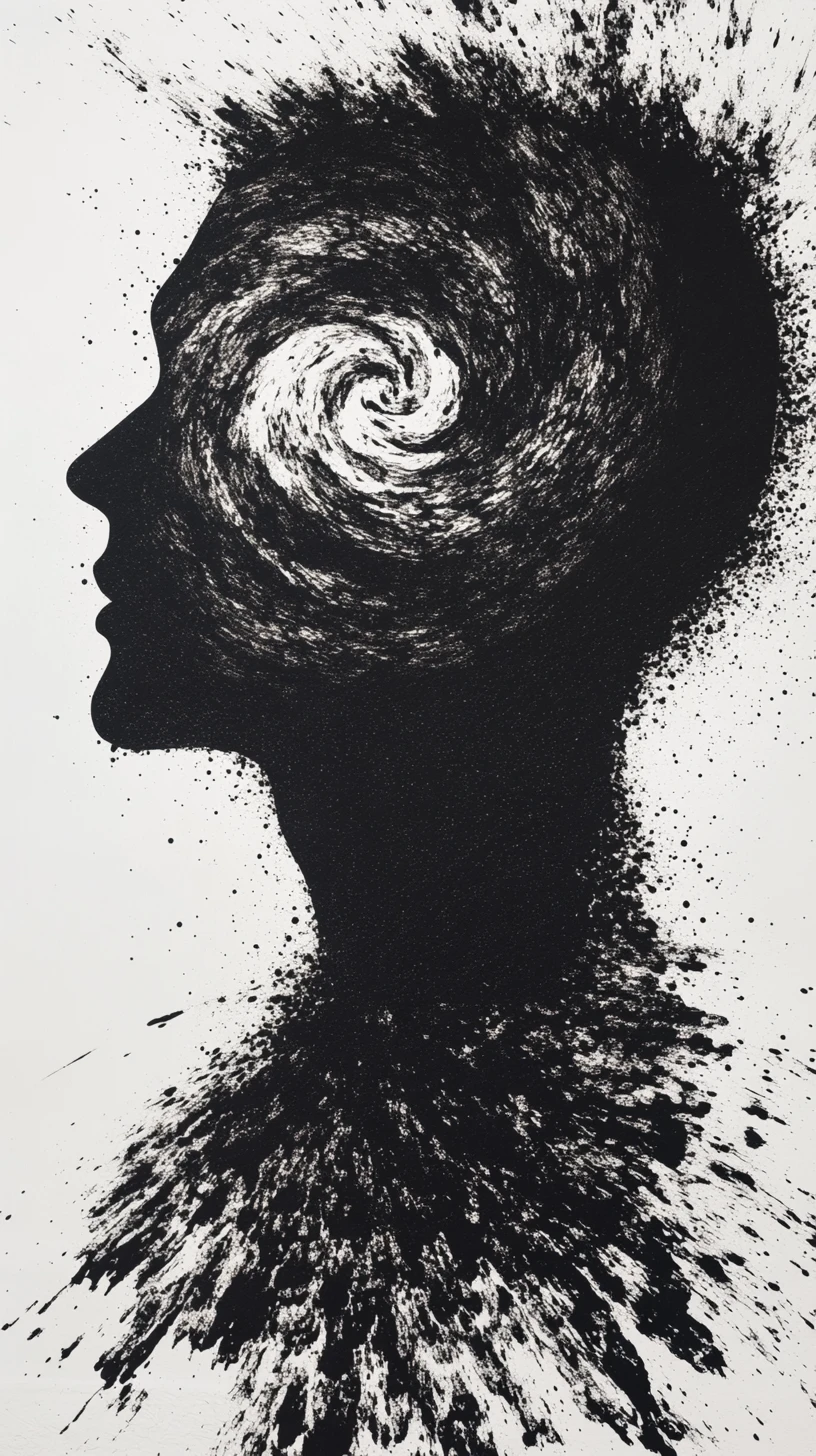 Human profile dissolving into black and white vortex ribbons