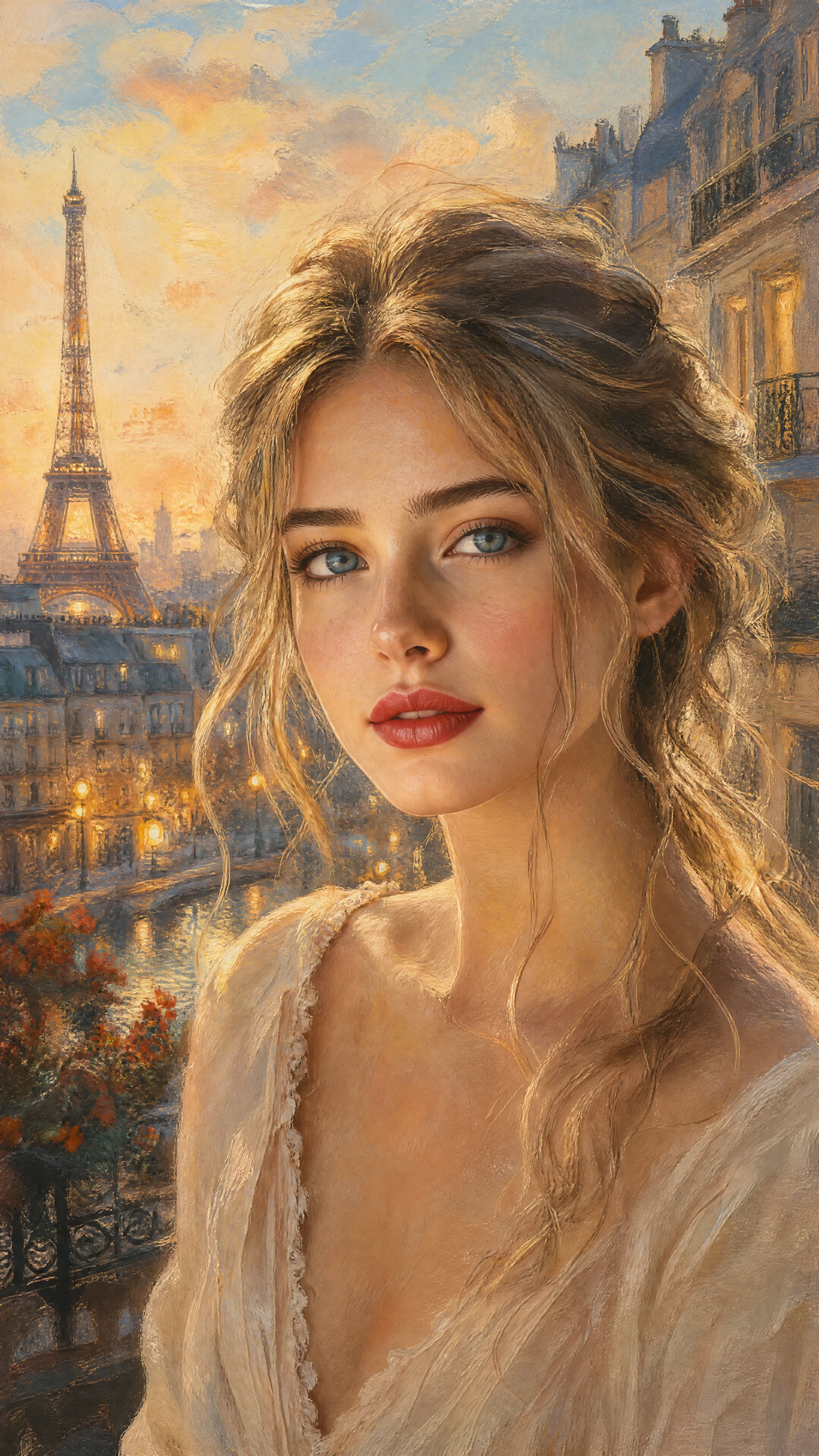 Retrato en pastel suave de una mujer rubia en París