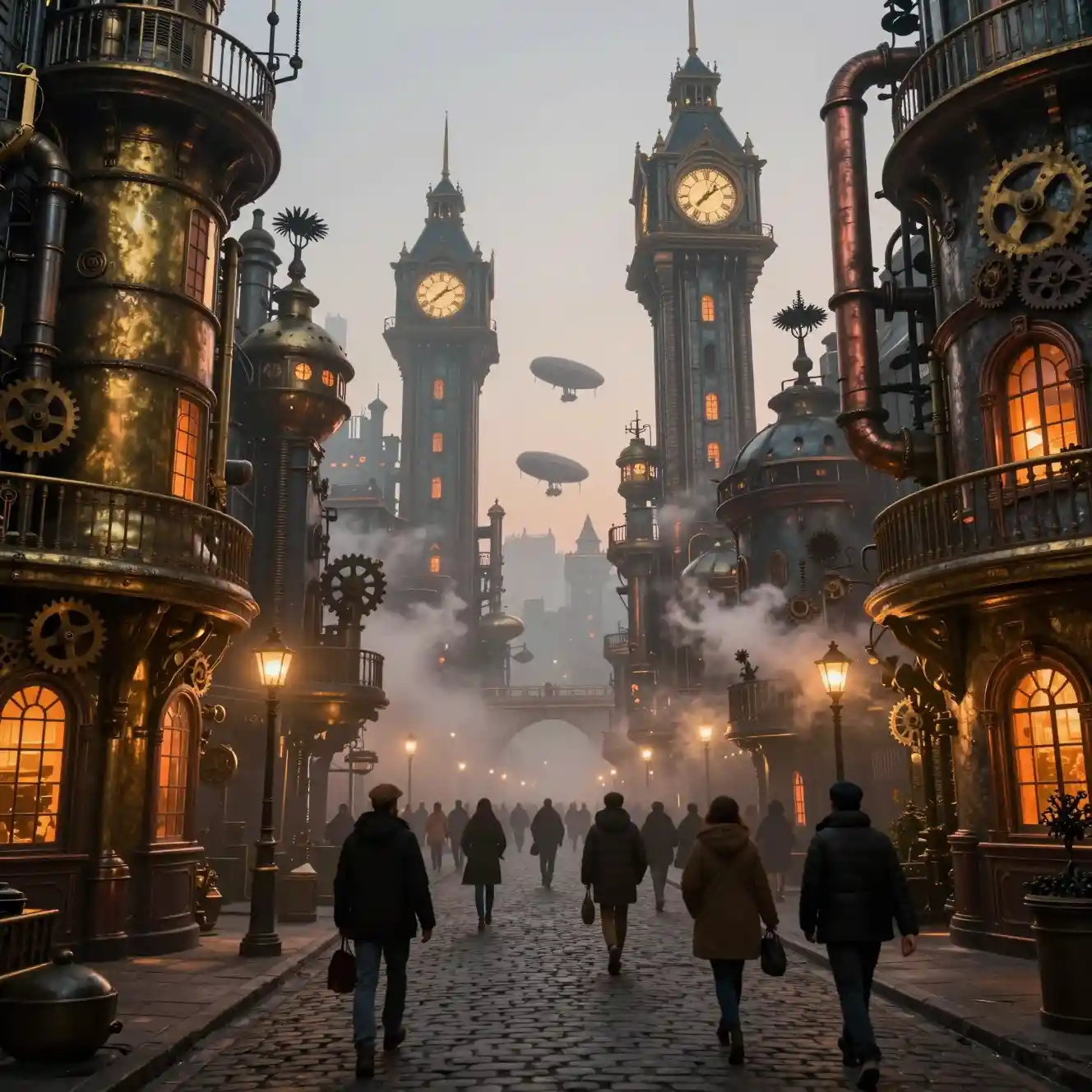 Steampunk city street at dusk with glowing gas lamps