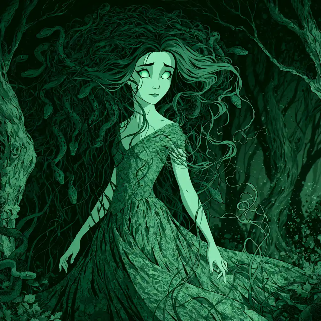 Surreal ink Medusa woman walking in enchanted forest