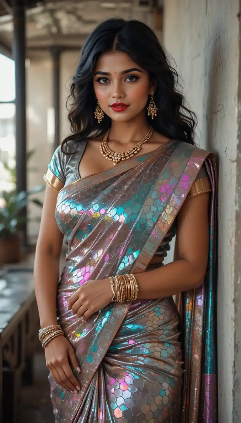 Indian woman in reflective saree leaning in rustic interior