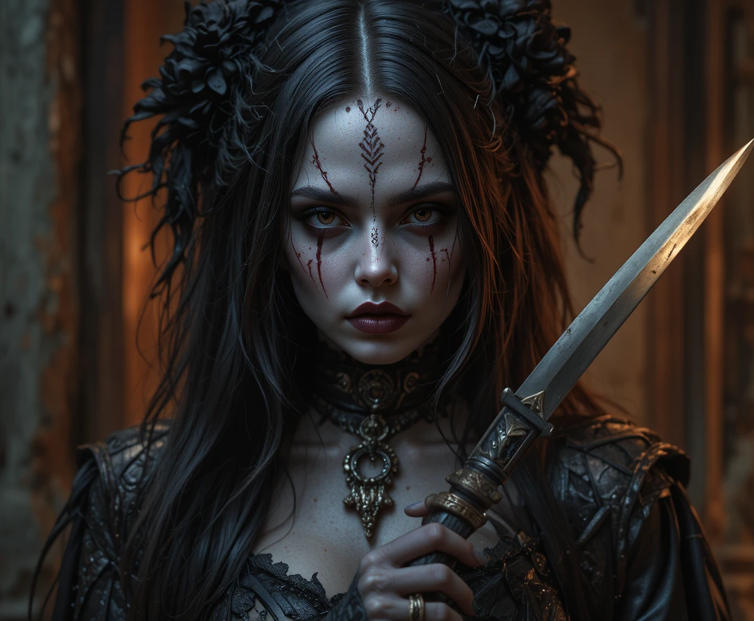 Dark undead rogue woman with dagger and gothic style