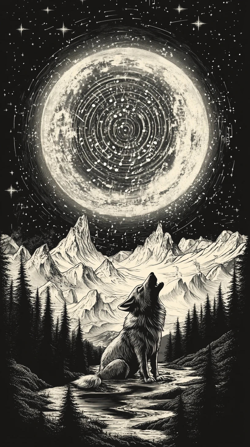 Wolf Howling Beneath A Surreal Musical Moon