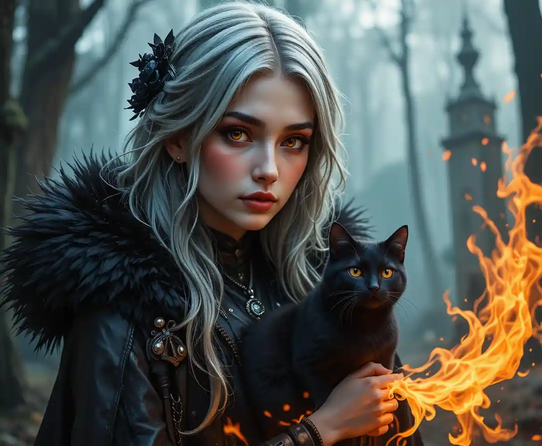 Dark fantasy witch with fire magic and black cat familiar