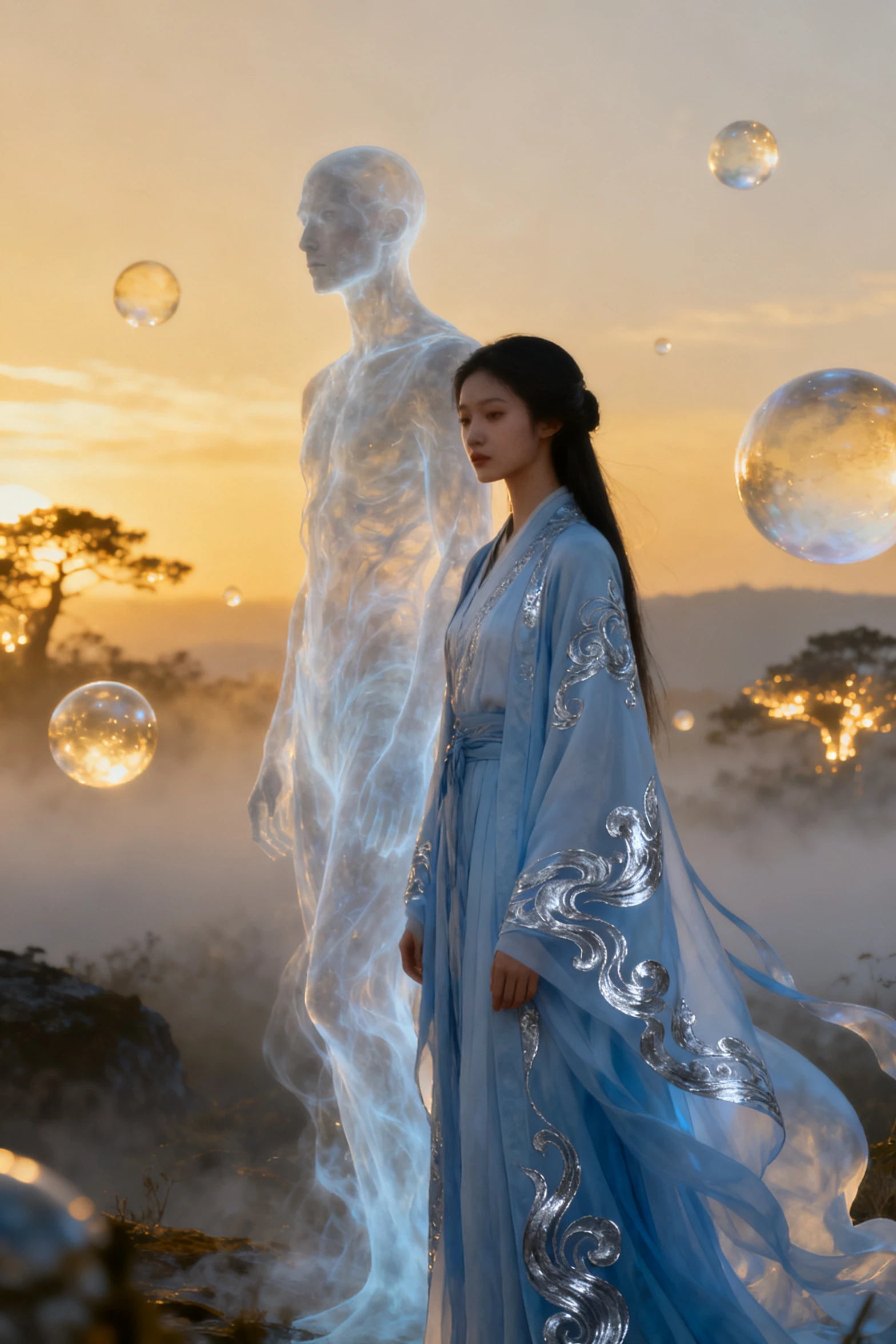 Ethereal woman and ghostly figure in misty dusk landscape