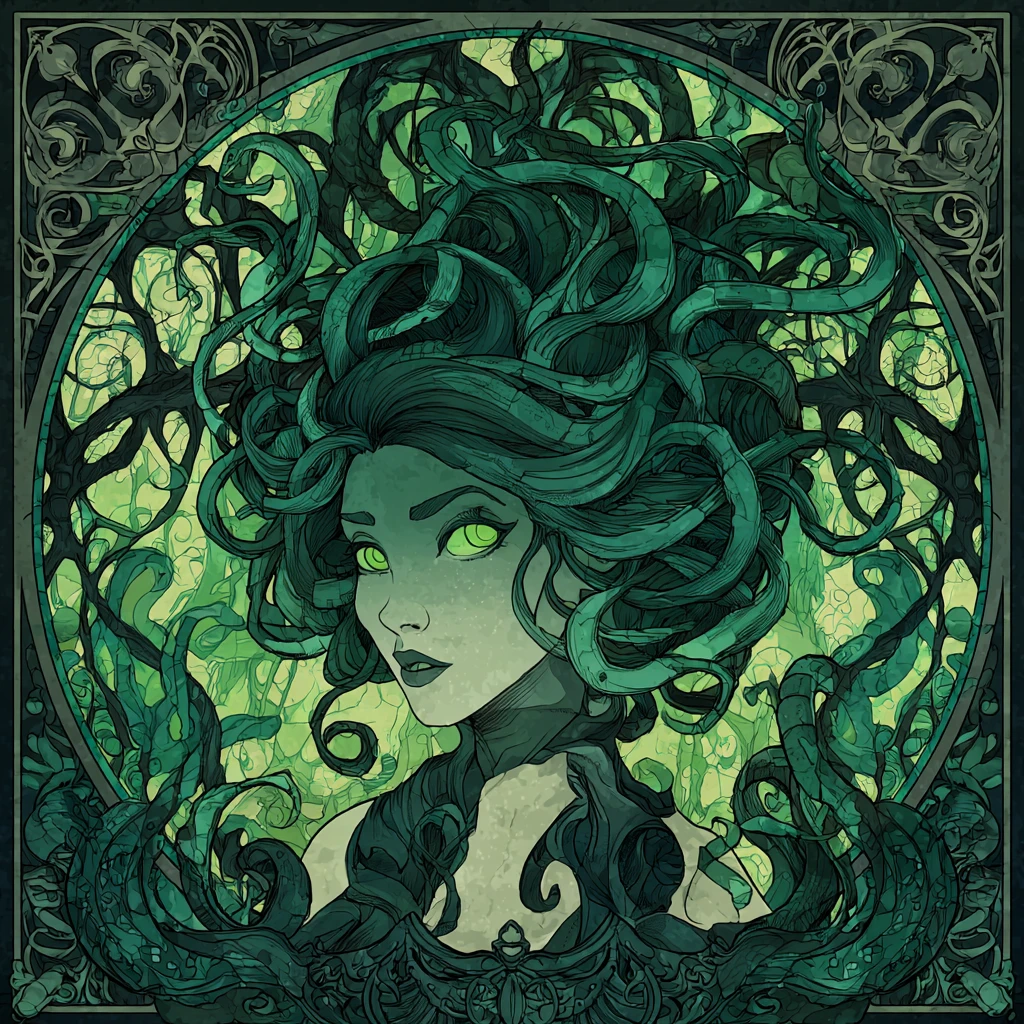 Surreal steampunk Medusa woman walking in enchanted forest