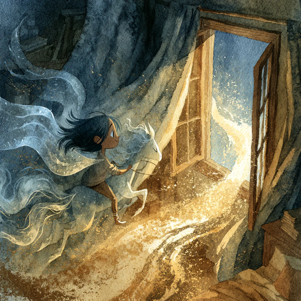 Young girl flying on a winged horse along a golden trail