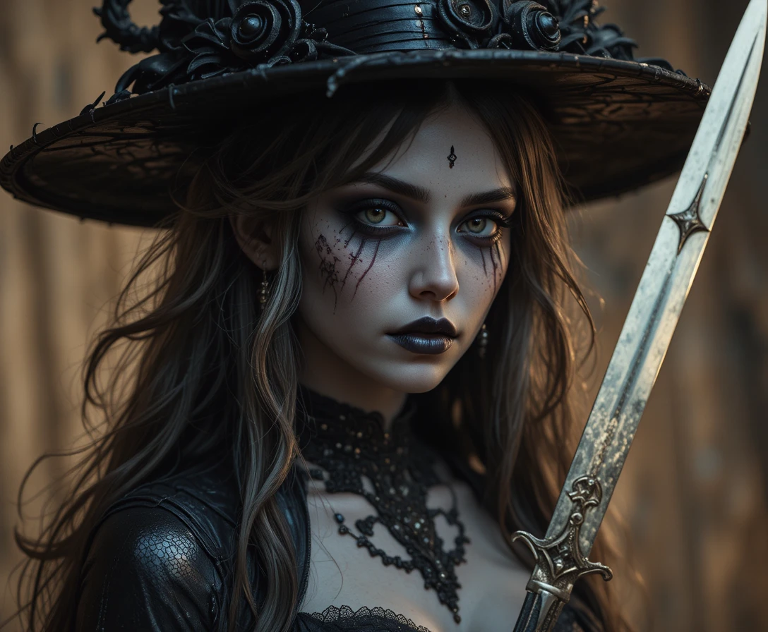 Undead goth rogue woman with dagger and stitched skin
