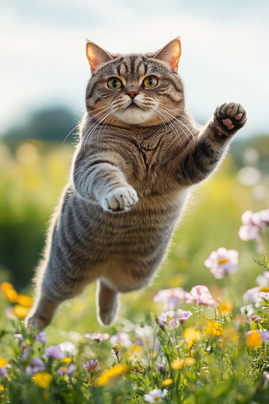 Chubby cat leaping across a bright flower field from below
