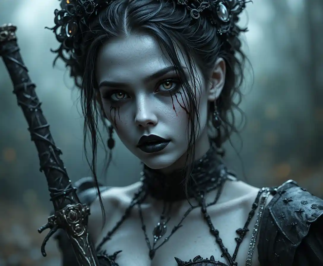 Undead goth rogue woman with dagger and stitched skin
