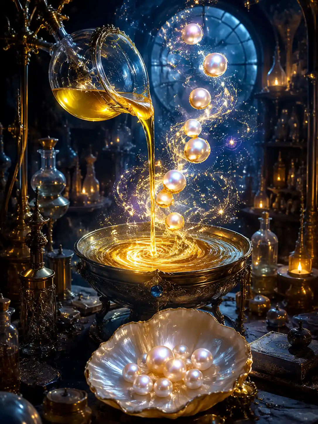 Liquid gold transforming into luminous pearls in alchemy lab