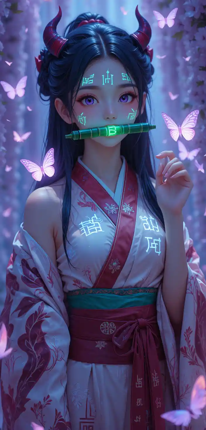 Anime demon girl with glowing runes and bamboo gag