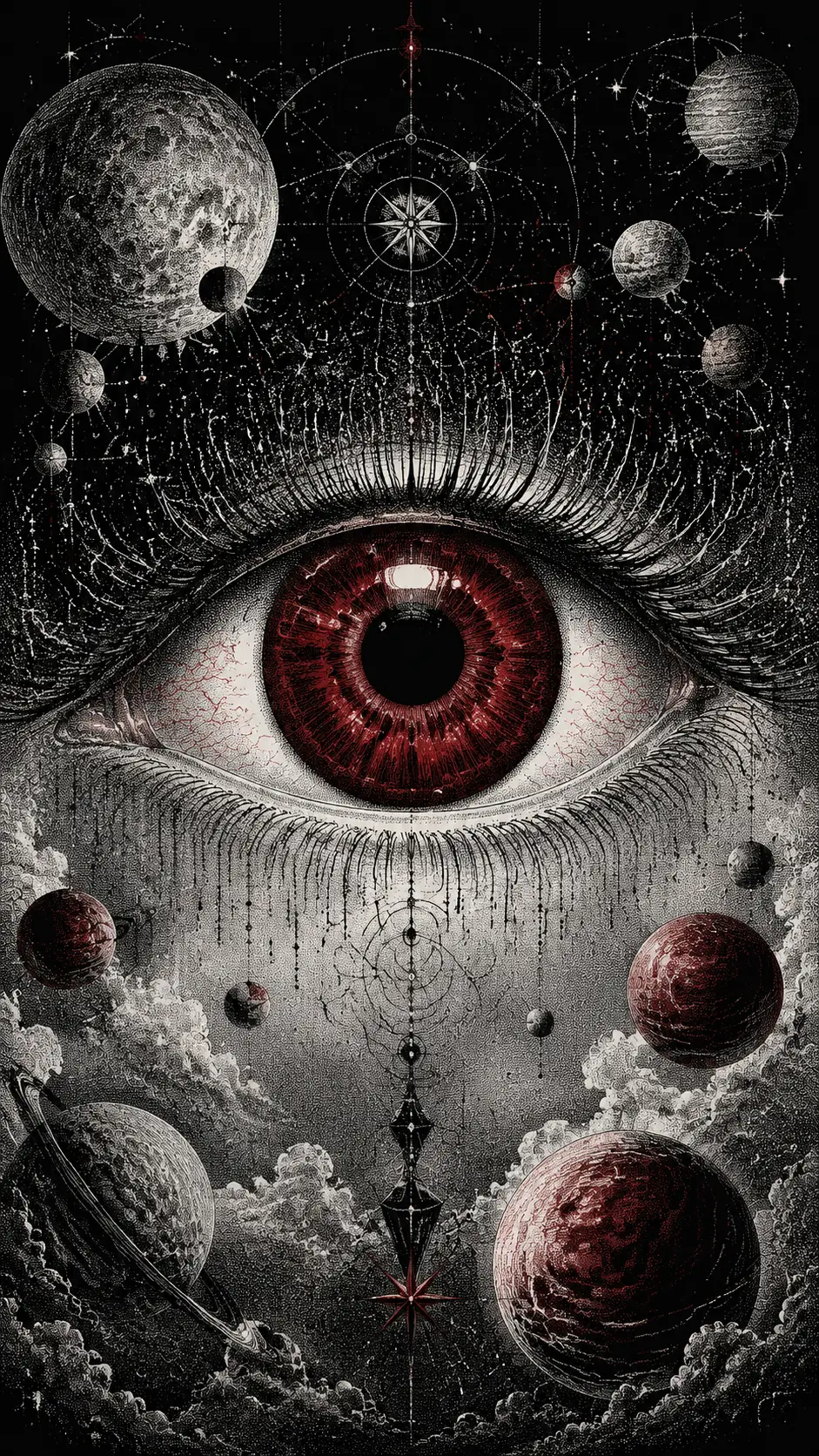 Giant crimson eye surrounded by stippled celestial planets