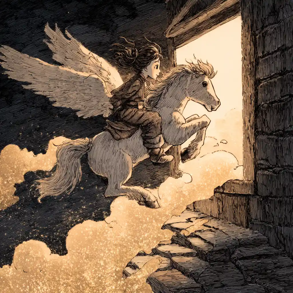 Young girl flying on a translucent winged horse at dusk