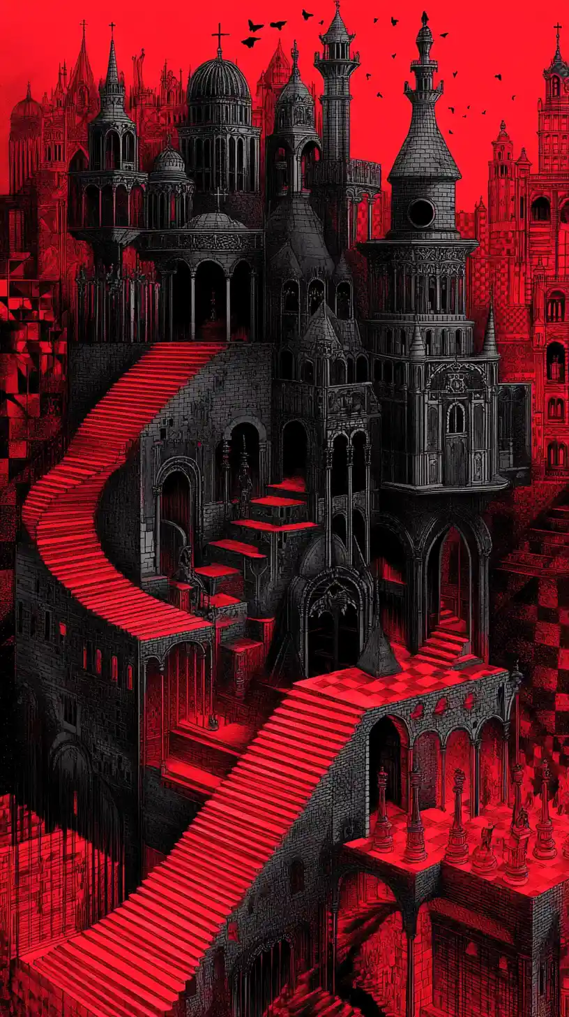 Surreal Chesspiece Castle In Endless Escher Style Architecture