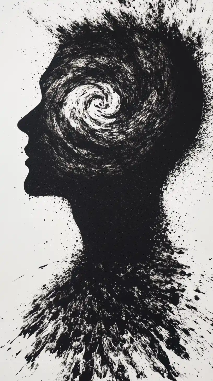 Human profile dissolving into black and white vortex ribbons