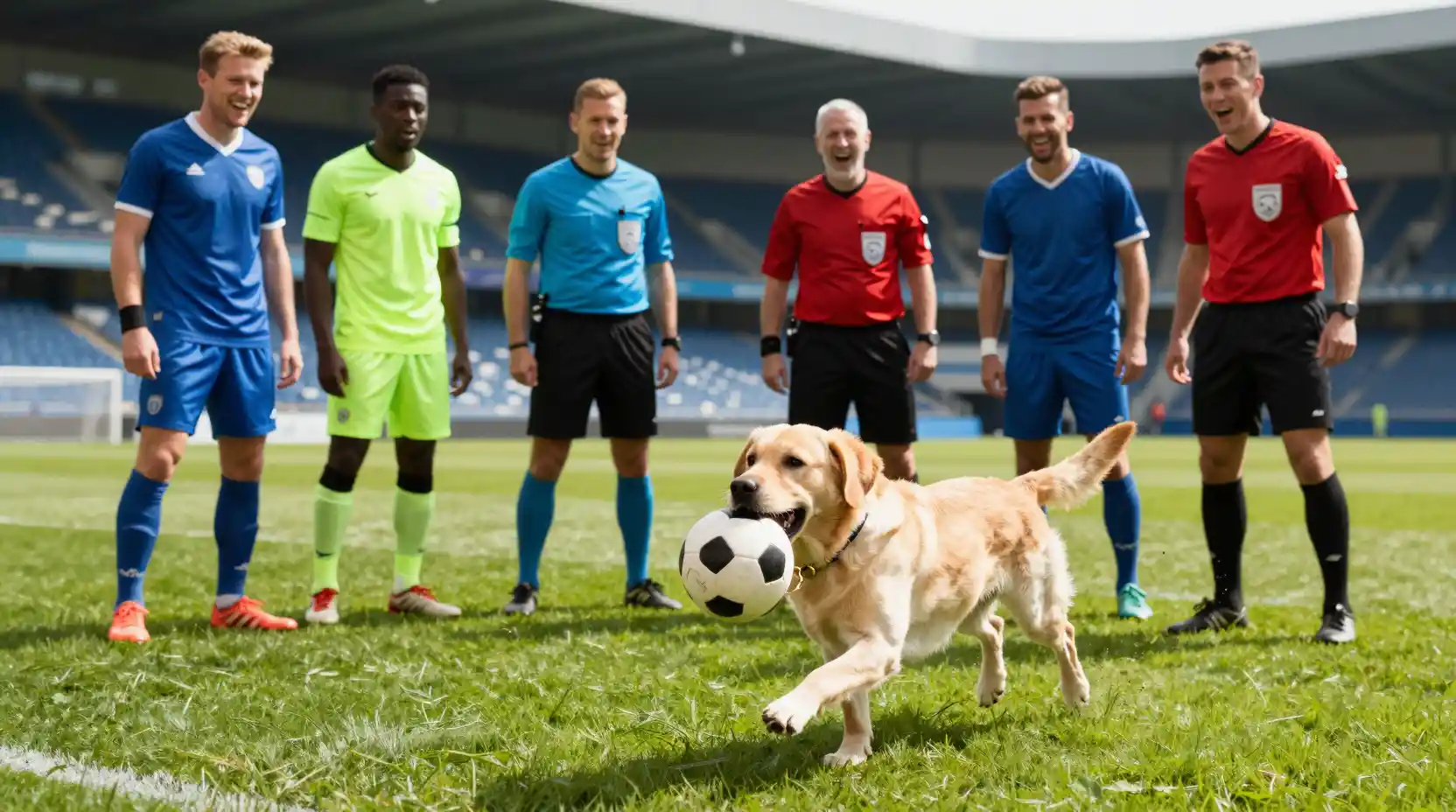 遊び好きな犬が晴れた緑のフィールドでサッカーの試合を中断
