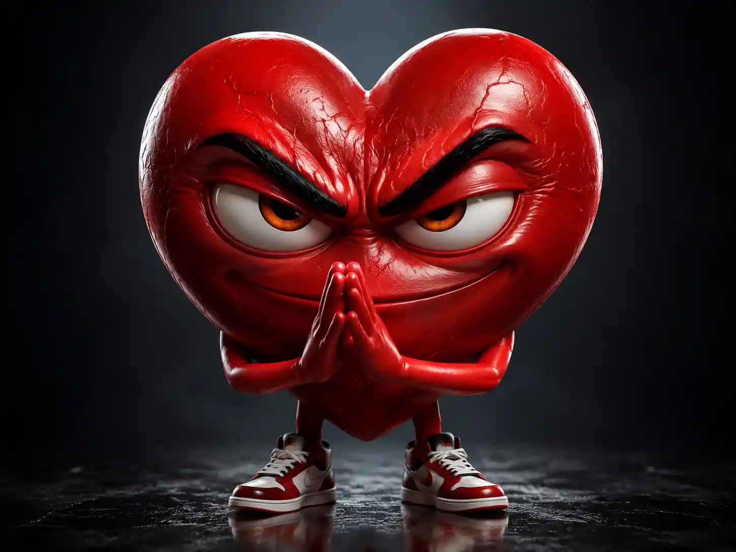 Playful 3D heart character with a mischievous plotting stare