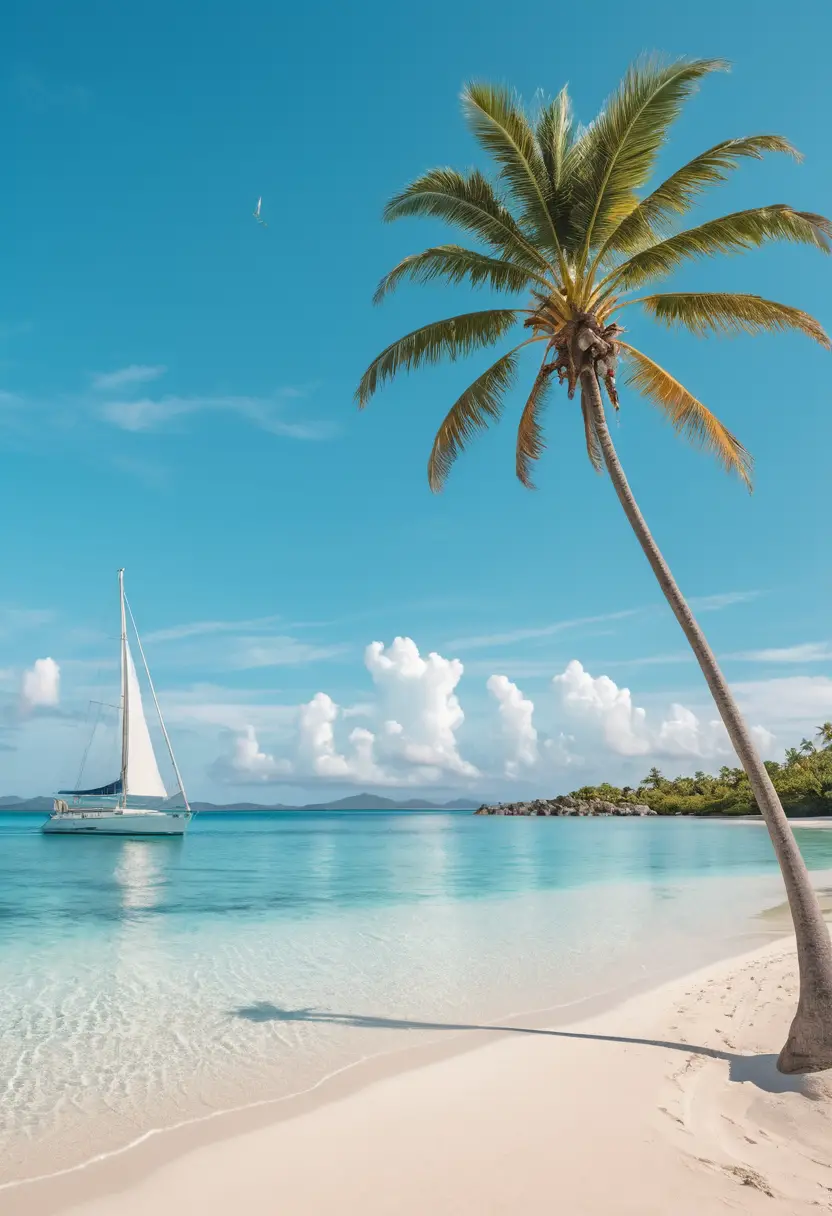 Peaceful tropical island beach with lone palm tree