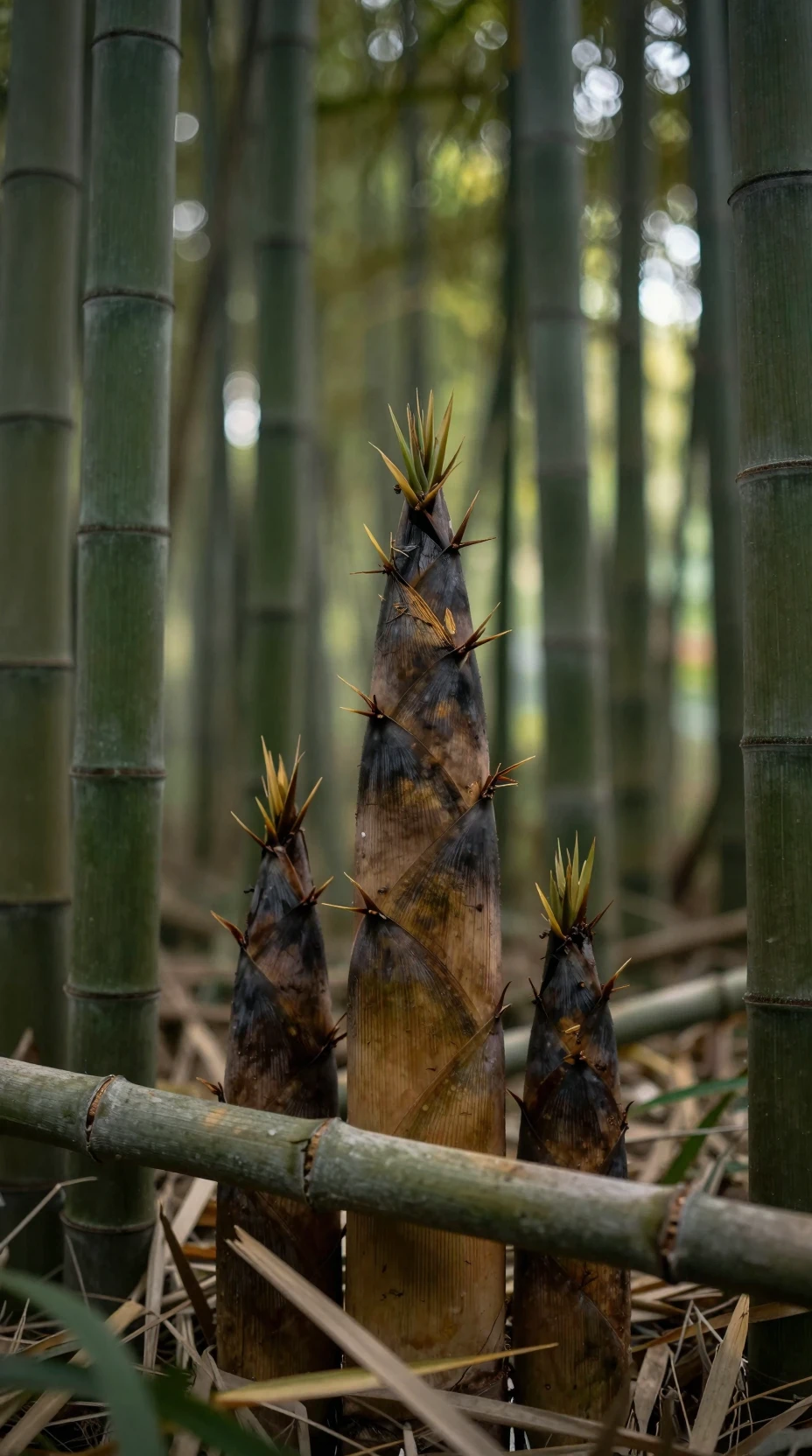 Macro view of new bamboo shoots supported by old trunk