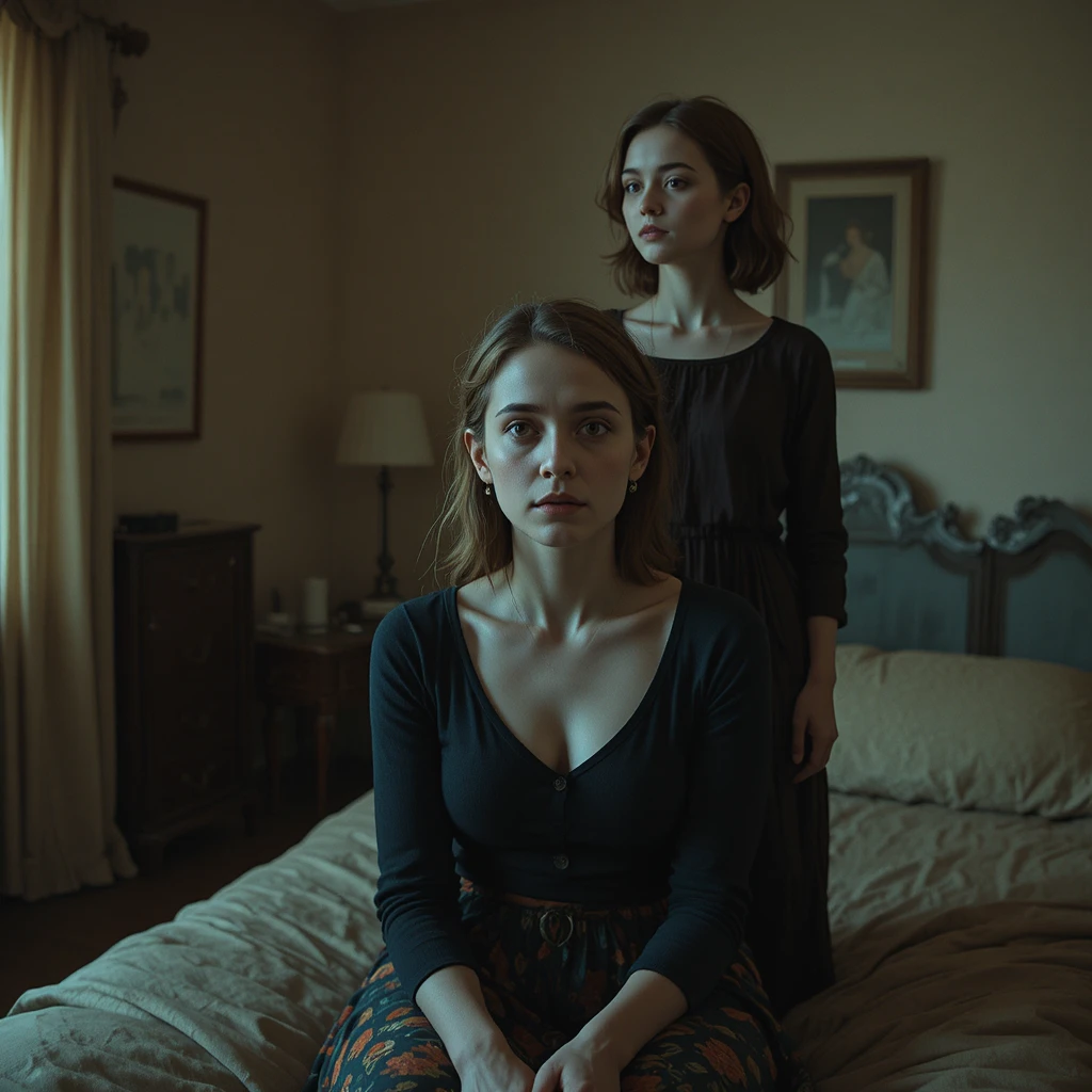 Melancholic woman facing her younger self in dim bedroom