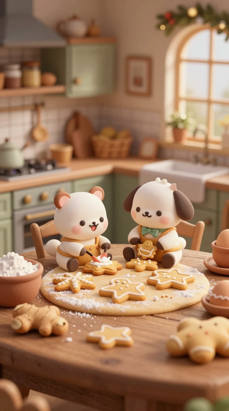 Miniature figures baking gingerbread cookies in cozy retro kitchen