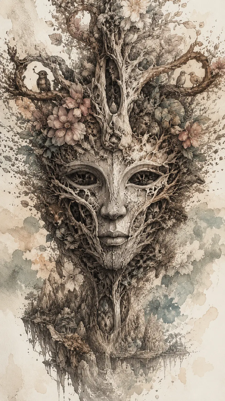 Máscara ceremonial surreal de raíces y ramas con animales ocultos