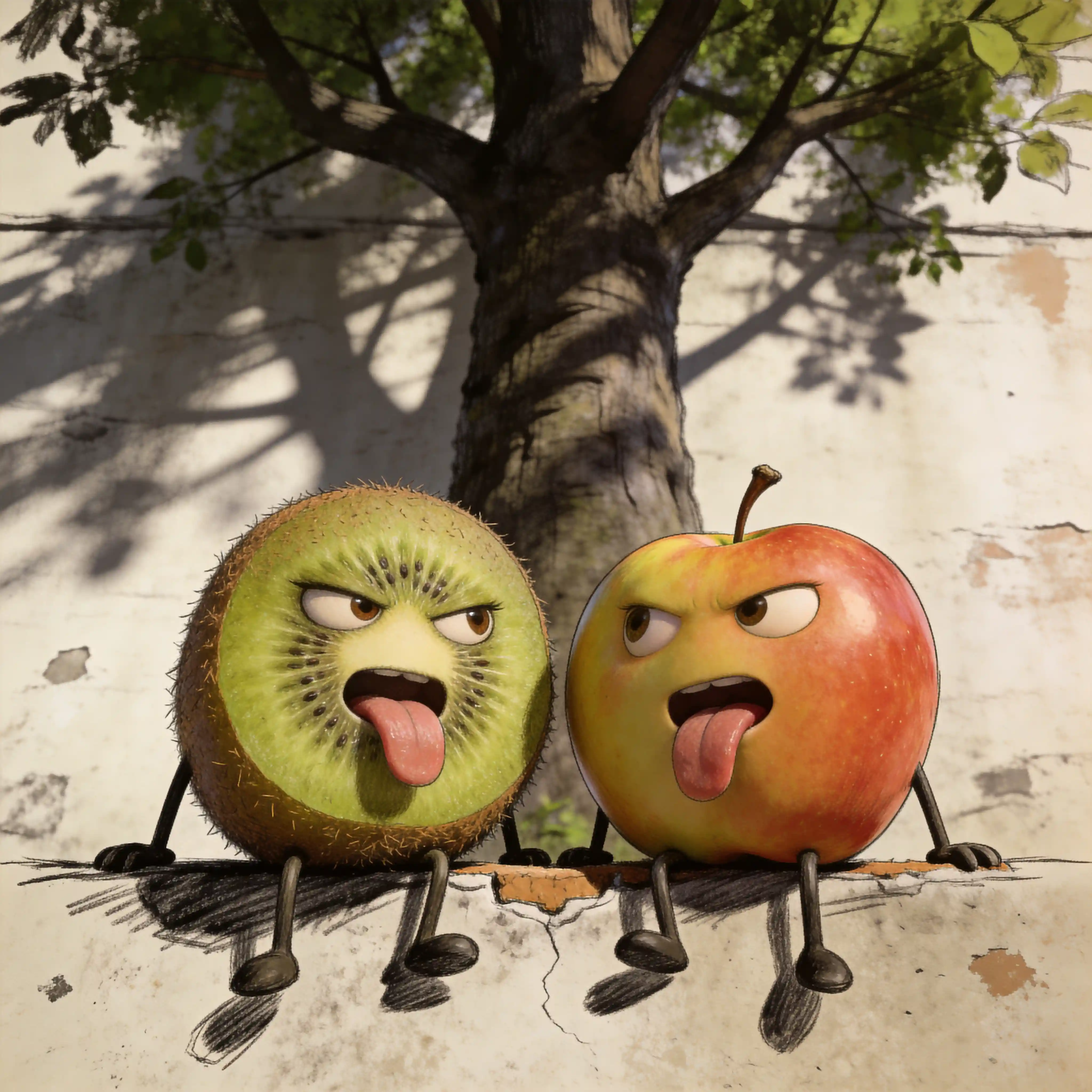 Playful kiwi and apple characters on a small wall