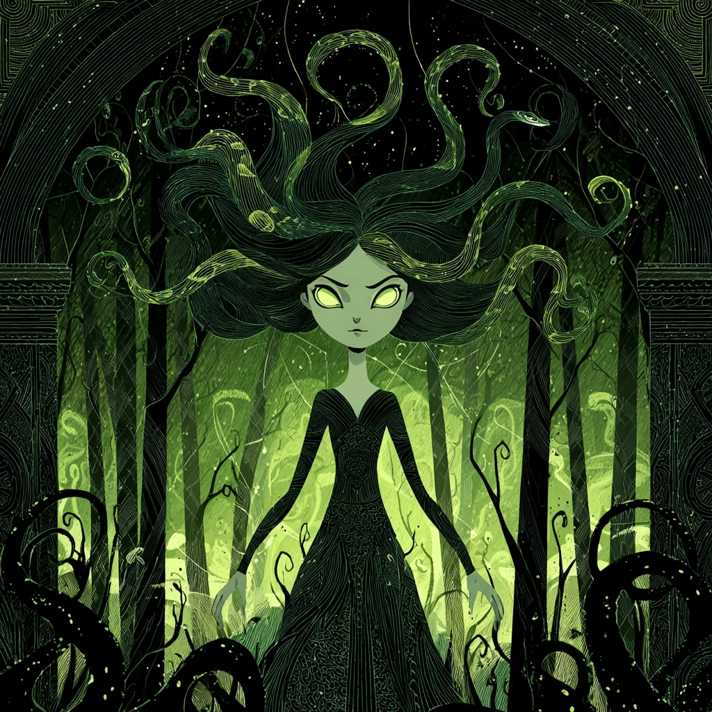 Surreal green ink Medusa woman in an enchanted forest
