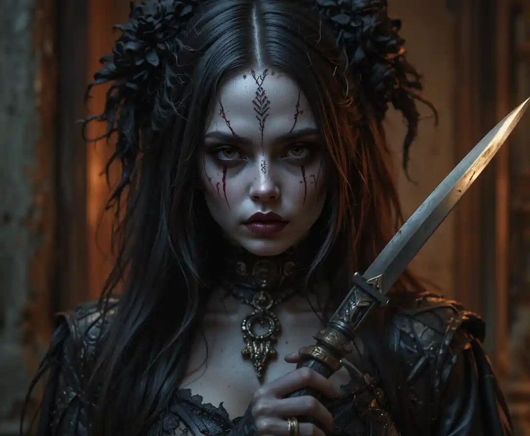 Dark undead rogue woman with dagger and gothic style