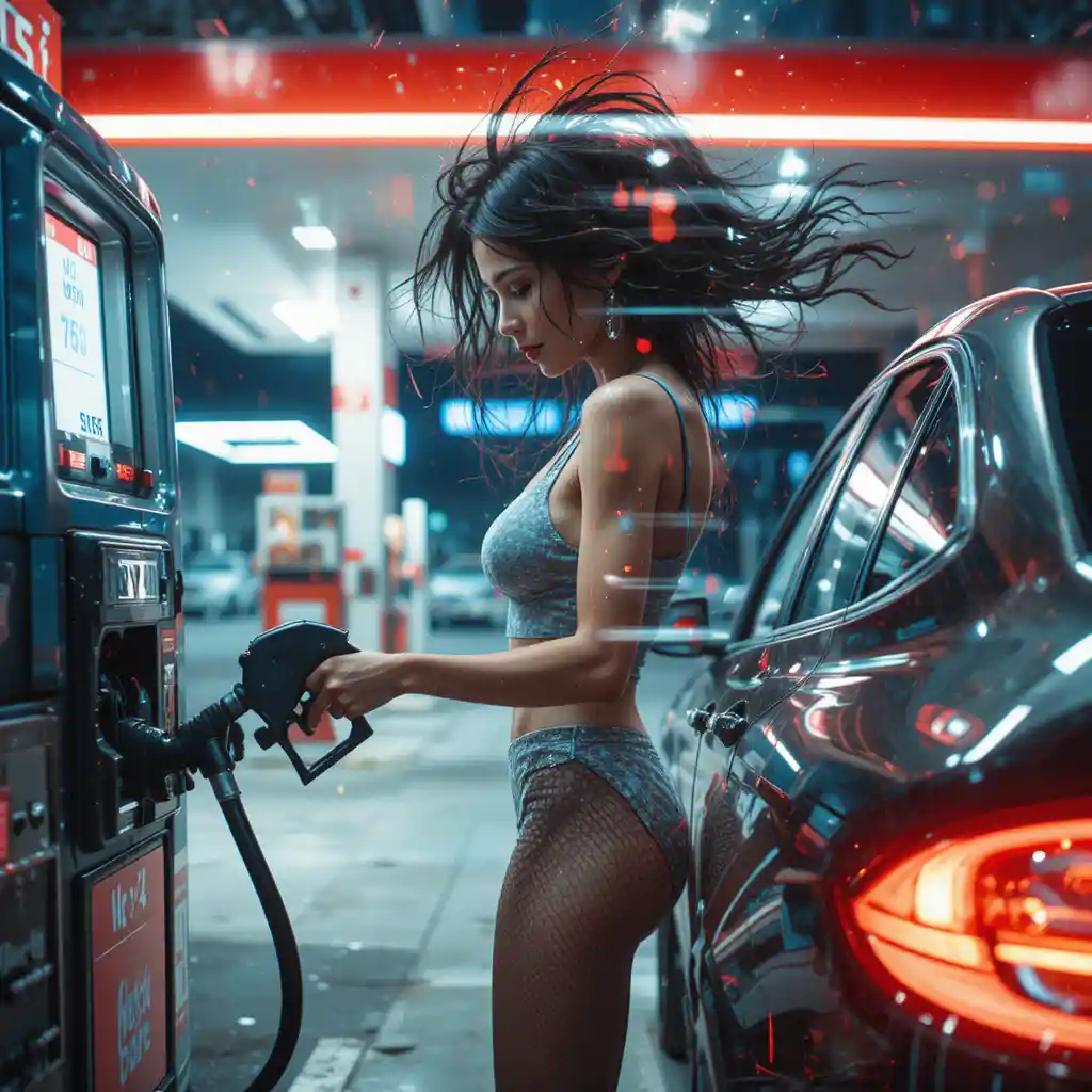 Donna sci‑fi che fa rifornimento all’auto in una stazione di servizio notturna