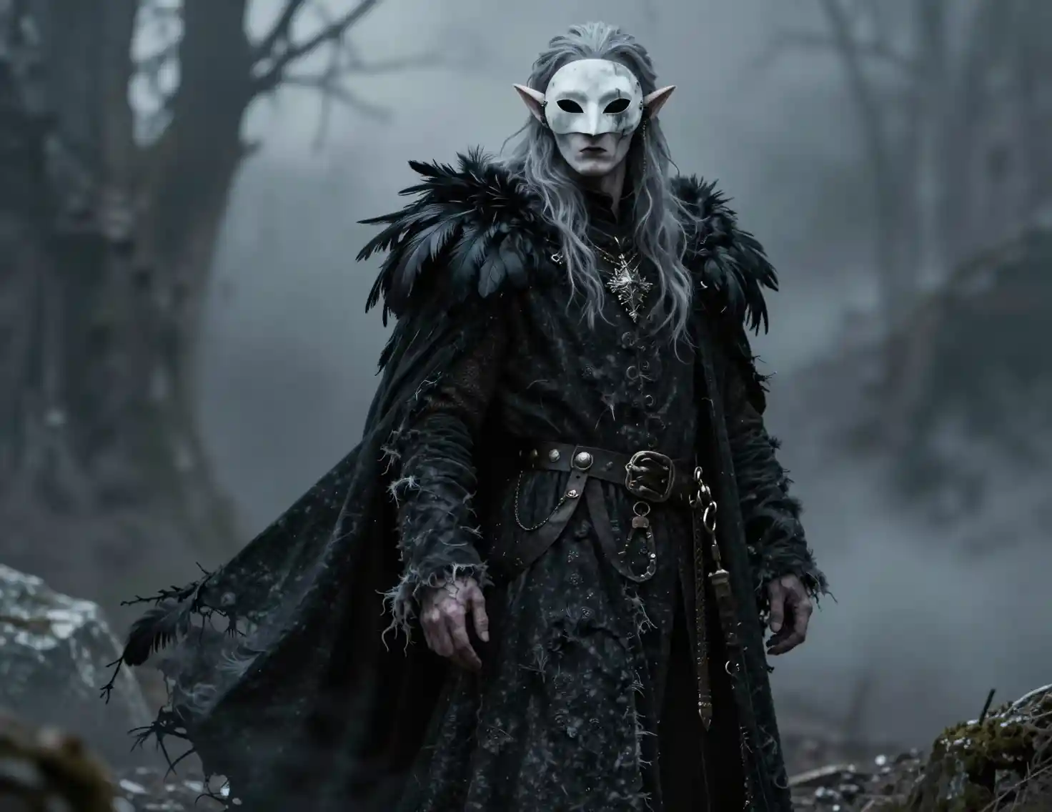Masked elf warlock in tattered coat with raven feathers