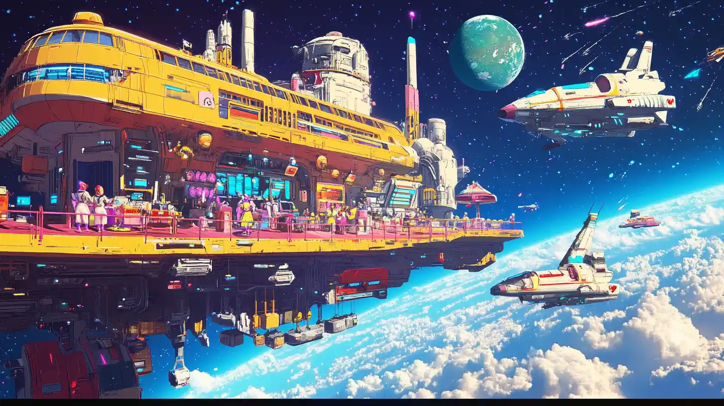 Retro futuristic space cafe on an orbital platform