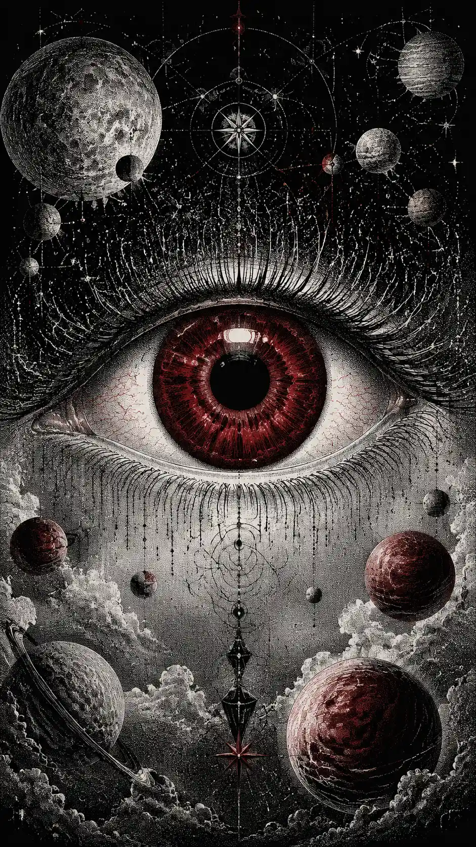 Giant crimson eye surrounded by stippled celestial planets