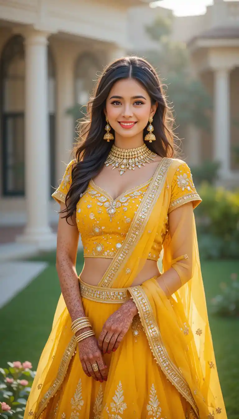 Joyful woman in yellow lehenga choli at outdoor celebration