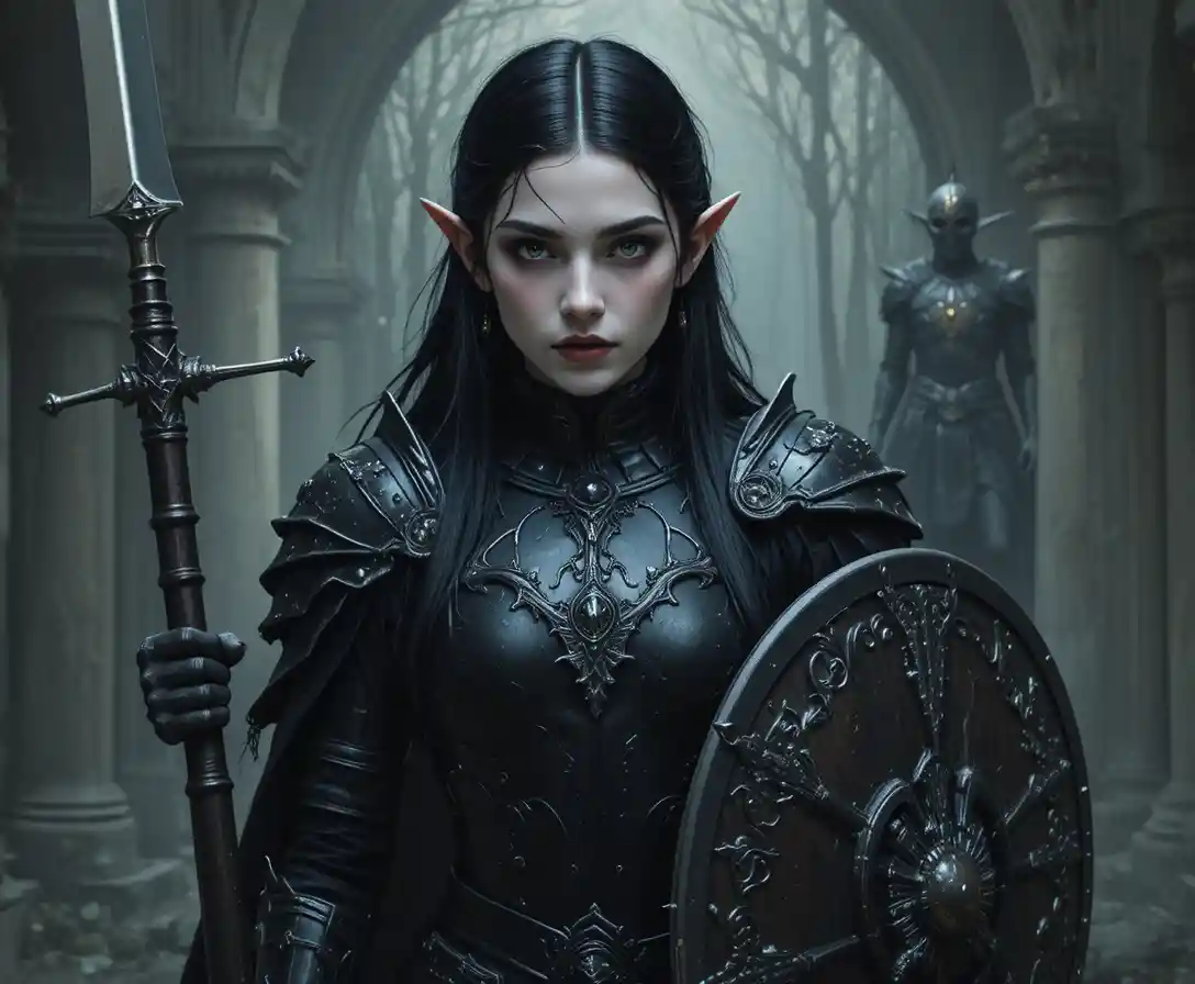 Elf cleric in dark armor with shield and mace