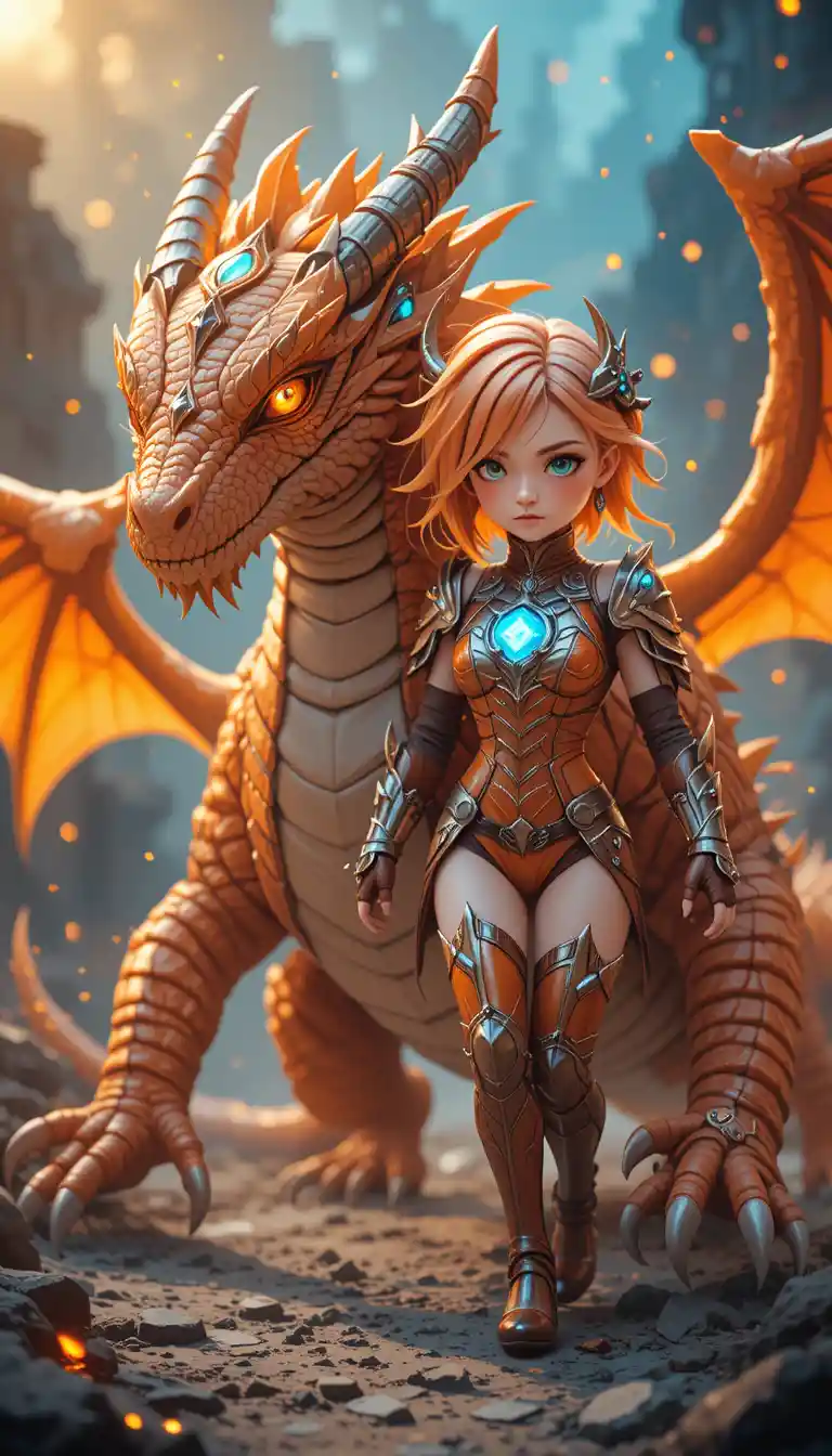 Anime warrior woman walking beside a massive dragon