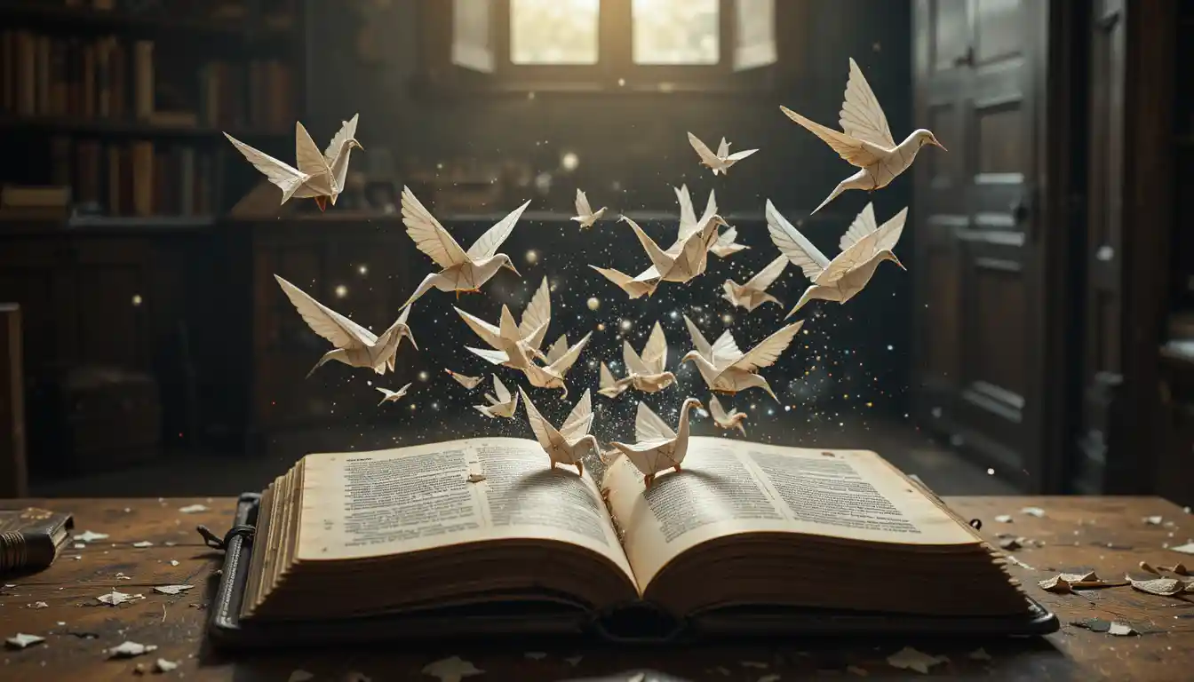Origami cranes transforming into swallows above an old book