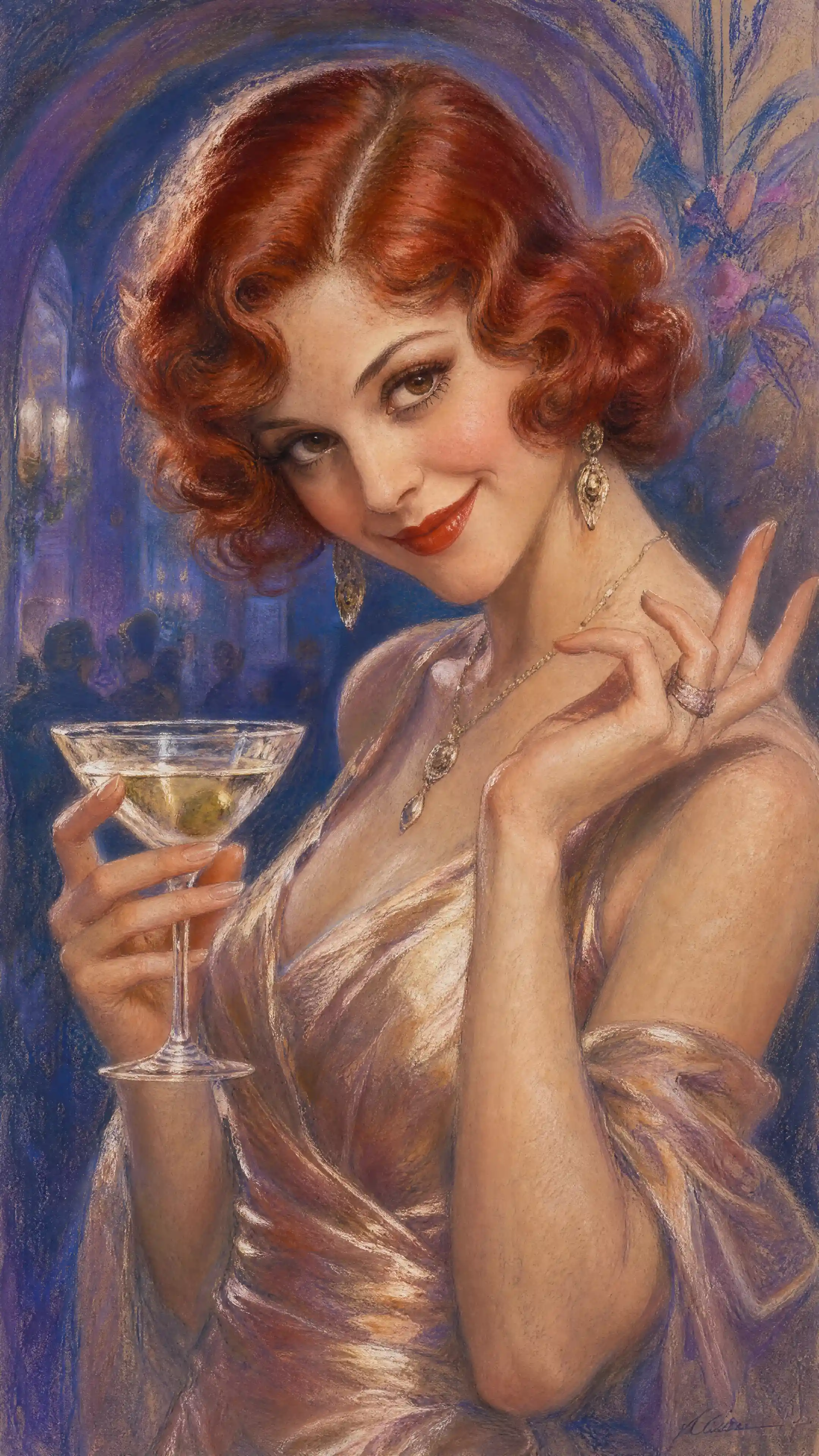 Playful 1930s redhead woman with martini in pastel portrait