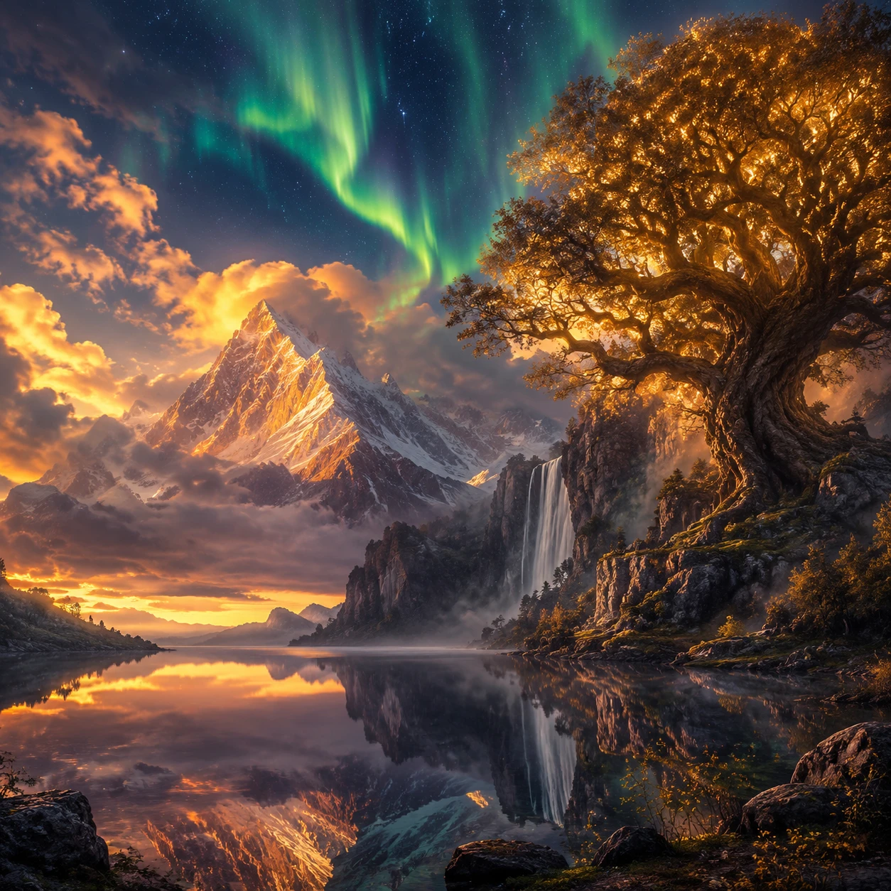 Montagnes de fantasy épiques reflétées dans un lac de cristal au coucher du soleil